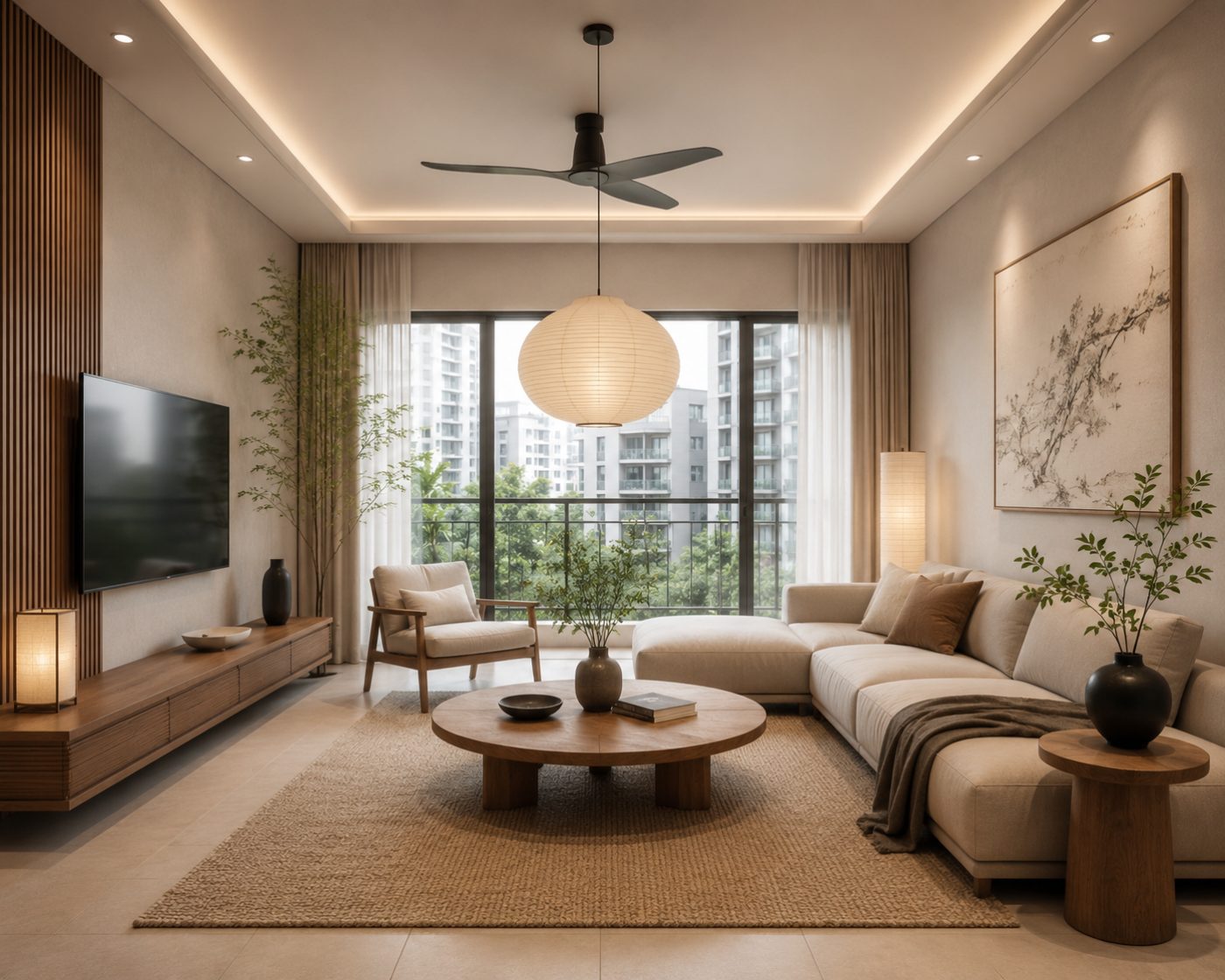 Japandi living room in a Singapore apartment — slatted timber TV wall, paper lantern pendant, linen sofa, jute rug and lime-washed walls