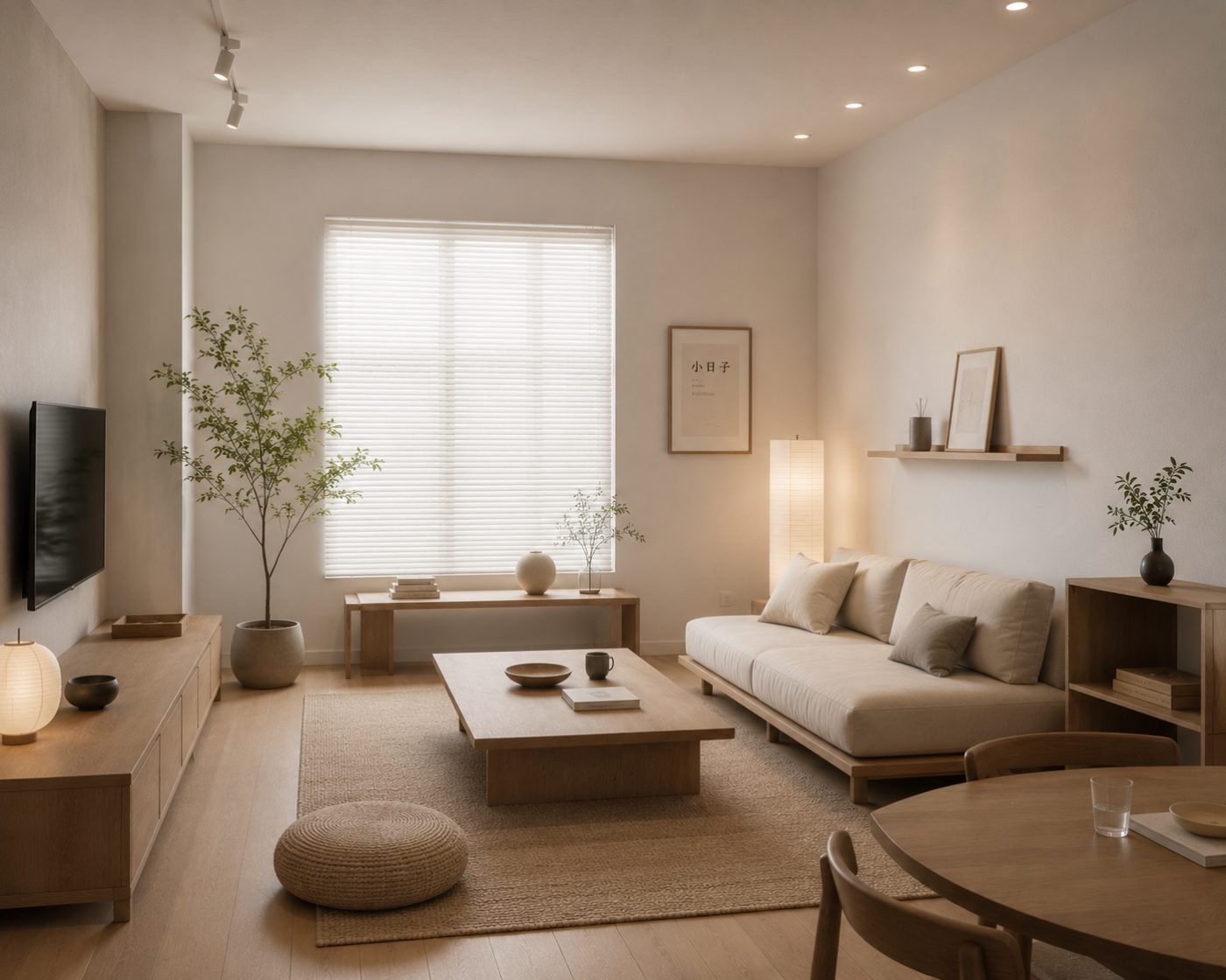 Muji-style living room in a Singapore HDB flat — pale timber floor, low oak coffee table, linen sofa, paper lantern lamps and open shelving