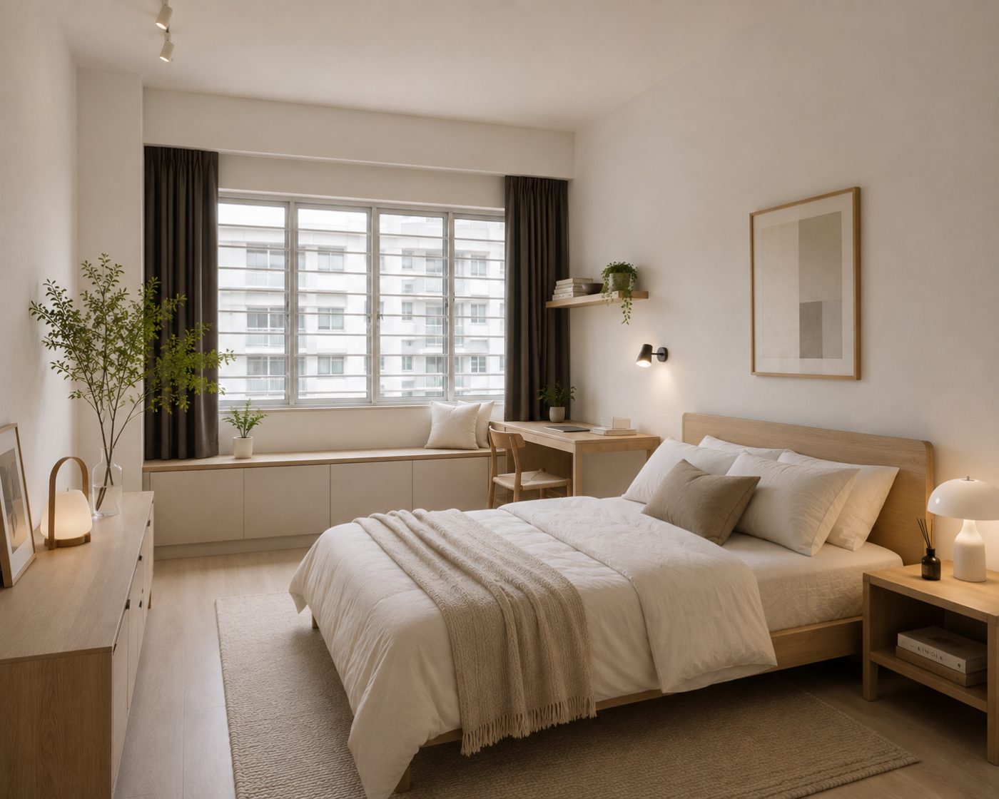 Scandinavian bedroom in a Singapore flat — pale oak bed frame, off-white walls, light timber flooring, built-in window-bay storage and wool textiles